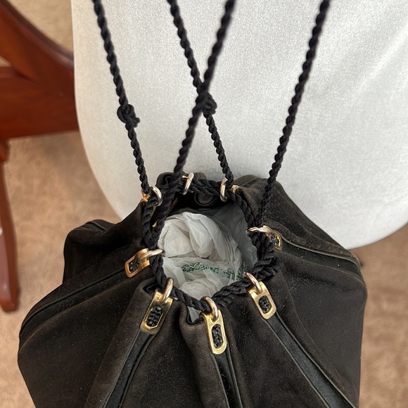 Judith Leiber Drawstring Puff Evening Bag~Black Suede Leather w/ Black Crystals - Picture 5 of 8